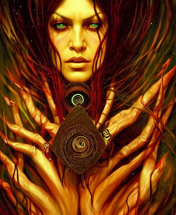 Prompt: eldritch horror, trending on artstation, portrait, tarot card, digital art by karol bak