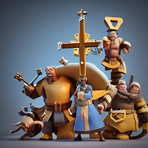 Image similar to ⛪, clash royal style characters, unreal engine 5, octane render, detailed, cinematografic, cinema 4 d