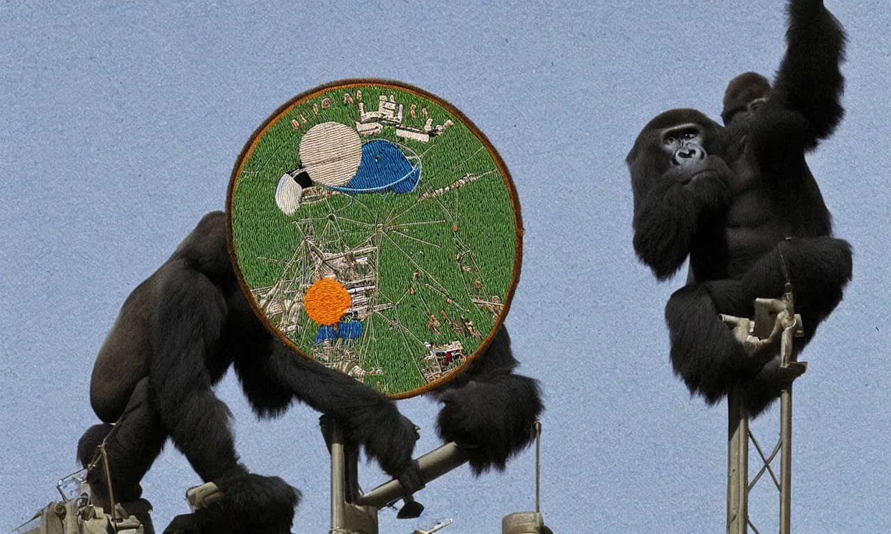 Image similar to a gorilla climbing a radio communications tower. round, circular embroidered us radar corps patch 8 k /