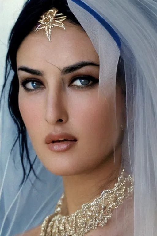 Image similar to young arab Monica Bellucci, blue eyes, long wavy black hair, white veil, closeup, focus face, colored, middle eastern