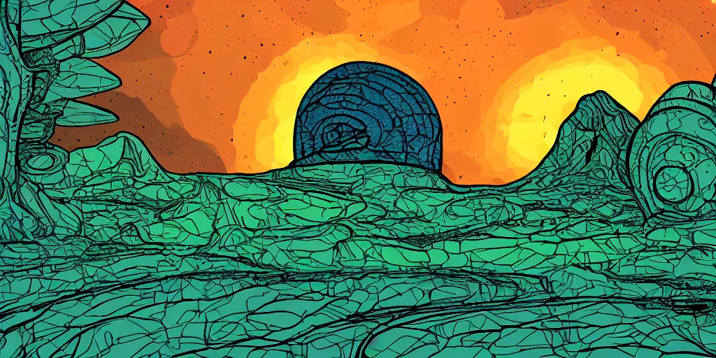 Prompt: cell shaded, flat color, alien landscape, 1 2 3 4