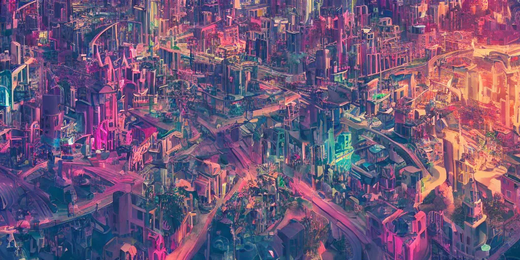 Image similar to Bustling vivid utopian city reimagined by Max Hay, fisheye lens!!!, 100mm photography, trending on artstation, 4k, 8k, lens distortion, chromatic aberration, soft focus blur, photorealistic imagery, photorealistic details, intricate, highly detailed
