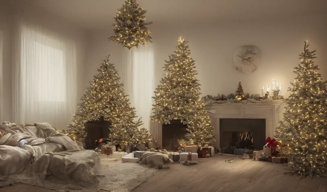 Image similar to a christmas eve in a beautiful home, photorealistic landscape painting on the wall, ascher clemens, home, interior, octane render, deviantart, greg rutkowski, cinematic, key art, hyperrealism, canon eos c 3 0 0, ƒ 1. 8, 3 5 mm, 8 k, medium - format print