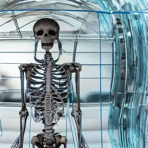 Prompt: a skeleton made of glass by aliens is displayed inside a sci - fi pod, photorealistic, good quality, 8 k detailed