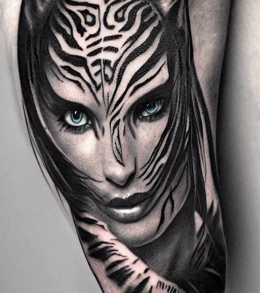 Image similar to tattoo design of a beautiful girl warrior under a tiger head, hyper realistic, realism tattoo, by eliot kohek, beautiful eyes, realistic face, black and white, white background