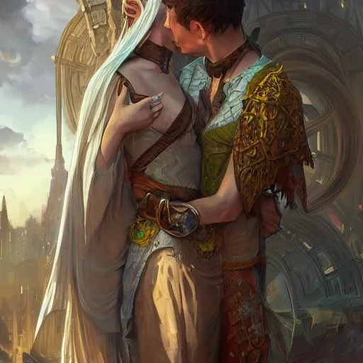 Image similar to a young couple hugging each other in a solarpunk city, D&D, fantasy, intricate, elegant, highly detailed, digital painting, artstation, concept art, matte, sharp focus, illustration, hearthstone, art by Artgerm and Greg Rutkowski and Alphonse Mucha