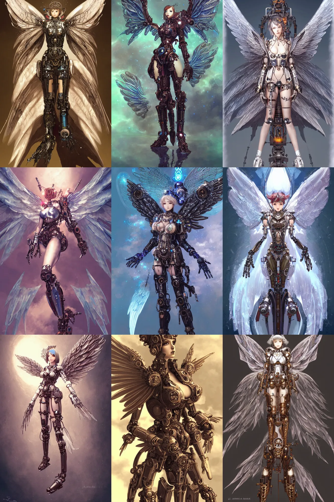 Prompt: character portrait of a Robotic Angel, steampunk, female, gear aurora, huge symmetric wings, science fantasy, high fantasy, by Akihiko Yoshida, James_Jean_Andrei_Riabovitchev_Marc_Simonetti, Yoshitaka Amano, digital illustration, artstation