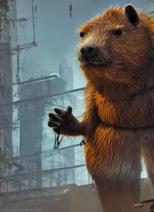 Prompt: detailed full body concept art illustration oil painting of an anthropomorphic capybara office manager in full intricate clothing, biomutant, dystopian, ultra detailed, digital art, octane render