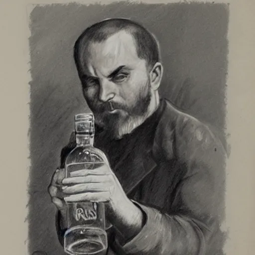 Image similar to sketch of a russian man drinking vodka bottle, detailed