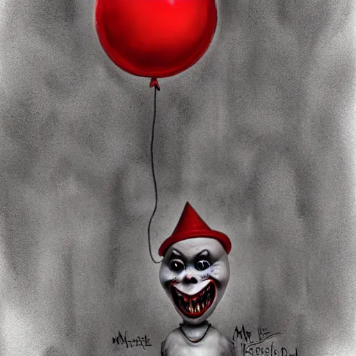 Prompt: surrealism grunge cartoon portrait sketch of the mushroom man with a wide smile and a red balloon by - michael karcz, loony toons style, pennywise style, horror theme, detailed, elegant, intricate