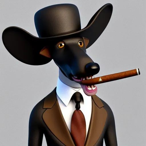 Prompt: anthropomorphic buisnessman greyhound with a large cigar in its mouth, wearing a suit, wearing round glasses and a bowler hat, white brown fur, anthropomorphic greyhound, detailed, 3 d render, 4 k, pixar