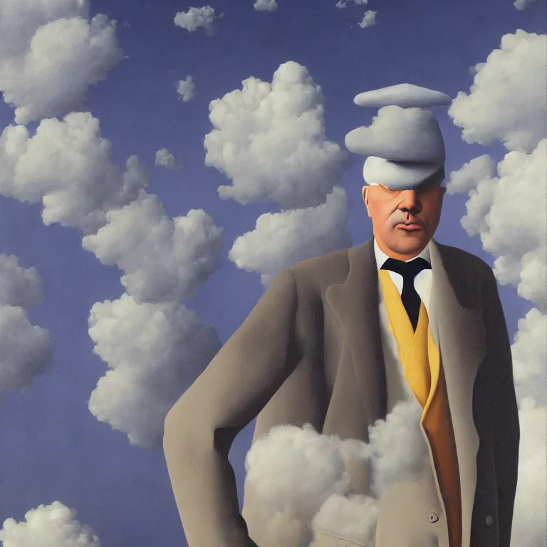 Image similar to portrait of a man made out of clouds in a suit, by rene magritte, detailed painting, hd, hq, high resolution, high detail, 4 k, 8 k