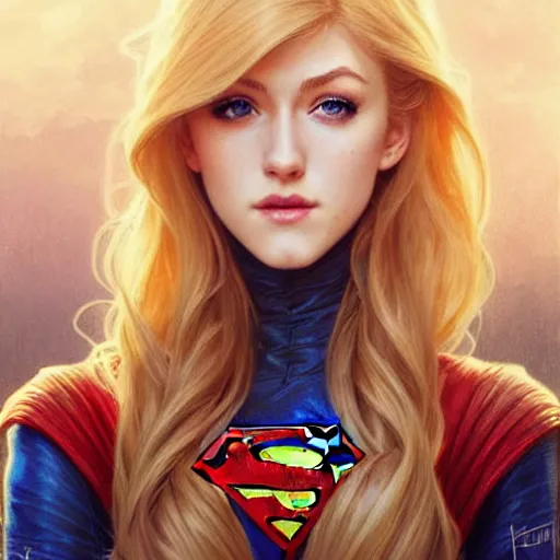 Prompt: Katherine McNamara with blonde hair as Super Girl, western, D&D, fantasy, intricate, elegant, highly detailed, digital painting, artstation, concept art, matte, sharp focus, illustration, art by Artgerm and Greg Rutkowski and Alphonse Mucha