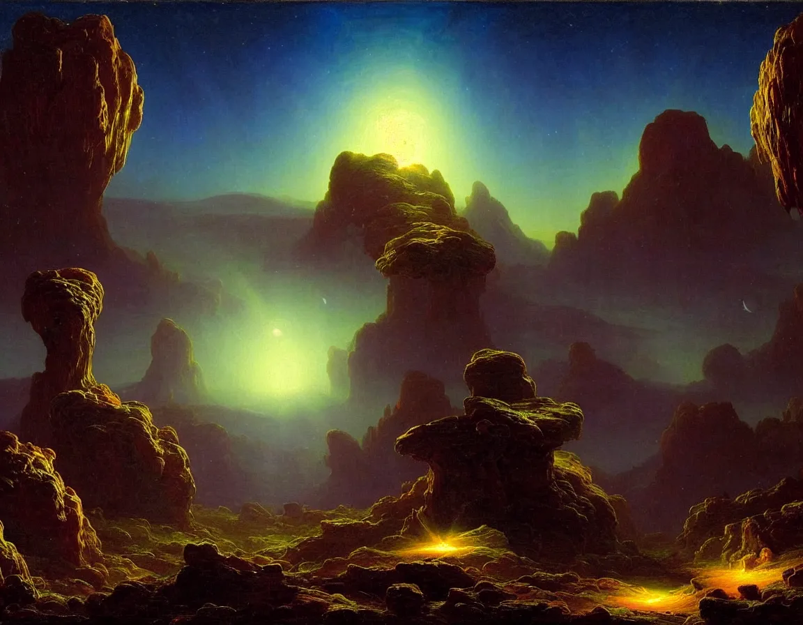 Prompt: trippy alien planet with blue bioluminescent flora at night, concept art by albert biertadt, thomas cole, frederic edwin church, hudson river school, majestic, awe - inspiring, breathtaking