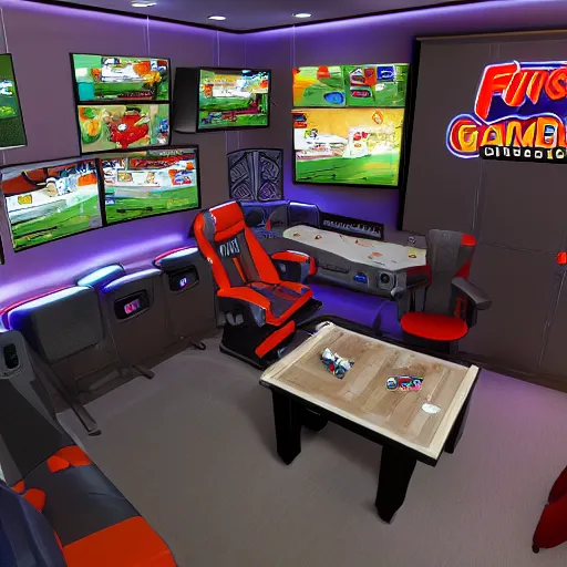 Image similar to An Isometric floating 3D gaming room designed by the fast food giant Burger King that shows in detail gaming peripherals, an enthusiast gaming PC, gaming table, gaming chair, speakers, and gaming monitors. Artstation, 3D render, high-res, 4K
