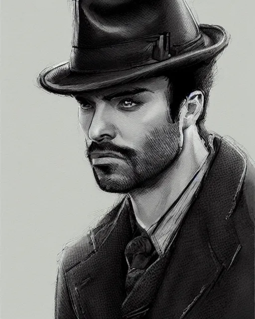 Image similar to portrait of a detective, zoomed in, noir, fedora, tweed coat, confident, handsome, heavy shading, vintage, high quality, centered, by artgerm, artstation, ( ( ( by ilya repin ) ) )