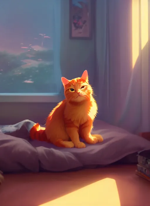 Image similar to a portrait of ginger cat, sleeping in a messy bedroom, sun - rays, studio ghibli, pixar and disney animation, sharp, rendered in unreal engine 5, anime key art by greg rutkowski, bloom, dramatic lighting