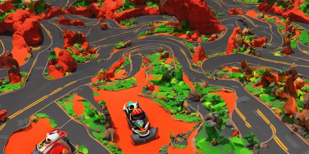 Image similar to diorama of a lava-themed mario kart track, studio lighting, high quality photo