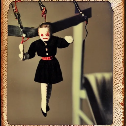 Image similar to 1 9 5 0 s, children toys on strings, fear, doll phobia, horror, jump scare, pov, polaroid,