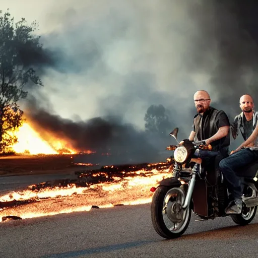 Image similar to photo of walter white and jesse pinkman riding motorcycles with an exploding building on fire behind them, color, cinematic lighting, highly detailed