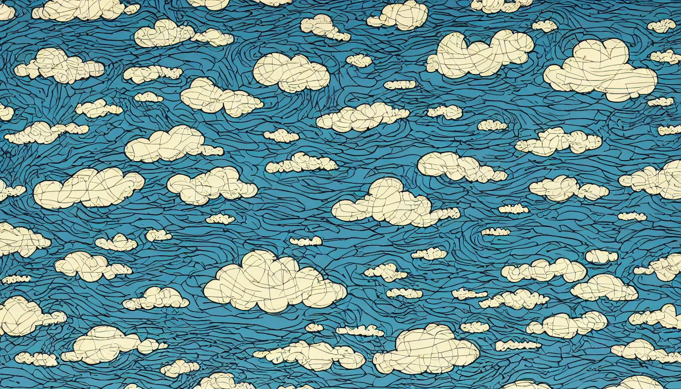 Image similar to clouds in the shape of charlie brown light rays by dan mumford and peter doig and hey arnold, symmetrical, minimal, black ink, thick lines highly detailed, muted colours 8 k