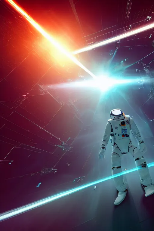 Image similar to wide view of futuristic spacemen firing lasers in zero gravity, floating, in the sky, bright white light, hiding behind obstacles, surrounded by a square laser grid, unreal engine, lensflares, low perspective, fish eye