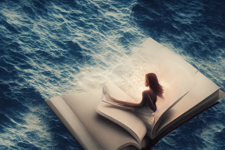 Prompt: A beautiful woman on a giant open book in the middle of the ocean during a storm, dramatic lighting, cinematic, 8k HDR, highly detailed, high quality, octane render, unreal engine 5, path tracing, turbulent sea, concept art, trending on Artstation