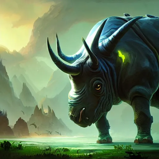 Prompt: a giant glowing rhino beetle, rhino beast, horn, horned beetle, horned beetle, green theme, bright art masterpiece artstation. 8 k, sharp high quality artwork in style of jose daniel cabrera pena and greg rutkowski, concept art by tooth wu, blizzard warcraft artwork, hearthstone card game artwork, horned beetle
