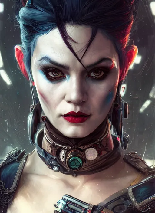 Image similar to a beautiful illustration of cyberpunk elven harley quinn, black hair, intricate, sharp focus, illustration, highly detailed, digital painting, concept art, matte, art by wlop and artgerm and greg rutkowski and alphonse mucha, masterpiece