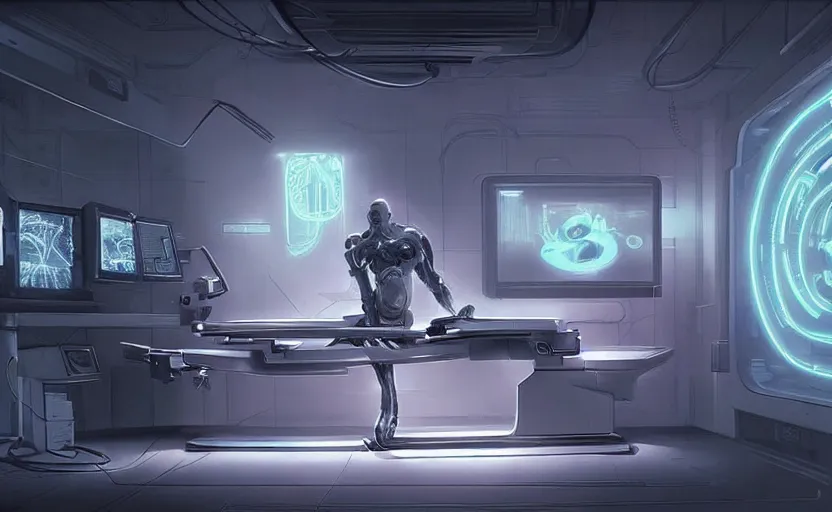 Prompt: zoom on a neon surgery scanning machine cyberpunk futuristic, in a white room, art by giger, greg rutkowski