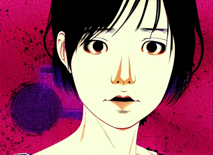 Image similar to editorial illustration colorful, anime portrait of shiina ringo, katsuhiro otomo, manga, ilya kuvshinov, fine texture, realistic shading, fine details, matte colors, film noir, dramatic lighting, dynamic composition, mucha, moody, vivid, volumetric, stippled lighting