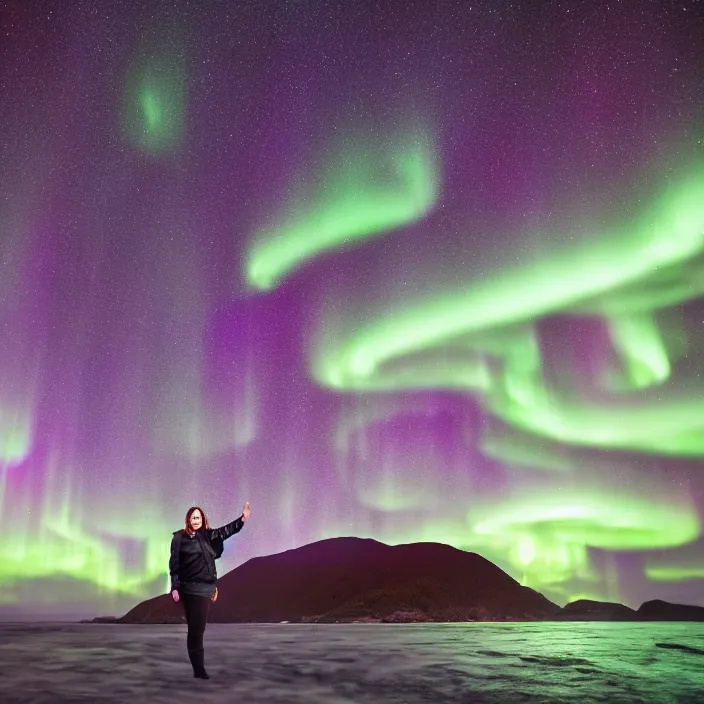 Image similar to closeup portrait of a woman wrapped in iridescent foil, standing in stewart island in new zealand, aurora australis southern lights in background, color photograph, by vincent desiderio, canon eos c 3 0 0, ƒ 1. 8, 3 5 mm, 8 k, medium - format print