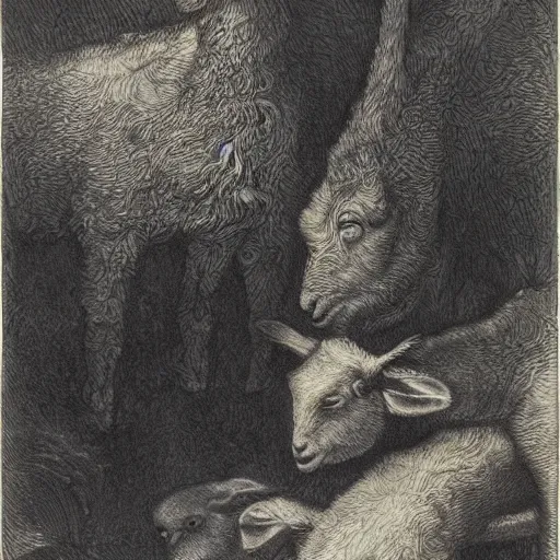 Image similar to gordon ramsey salivating over lambs, etching by gustave dore, colorful flat surreal, ethereal, intricate, sharp focus, illustration, highly detailed, digital painting, concept art, masterpiece