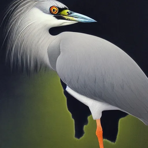 Image similar to painting of hybrid black crowned night heron with cat ears, with orange black and white fur, intercrossed animal, mixture animal, by zdzislaw beksinski, by tiffany bozic, by chris buzelli, cute animal