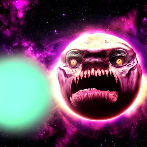 Prompt: An evil and terrifying creature in space in front of a purple nebula