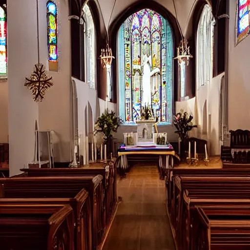 Prompt: A funeral photo with a RGB coffin in a church, RGB coffin in a church, coffin with RGB lighting at a funeral in a church