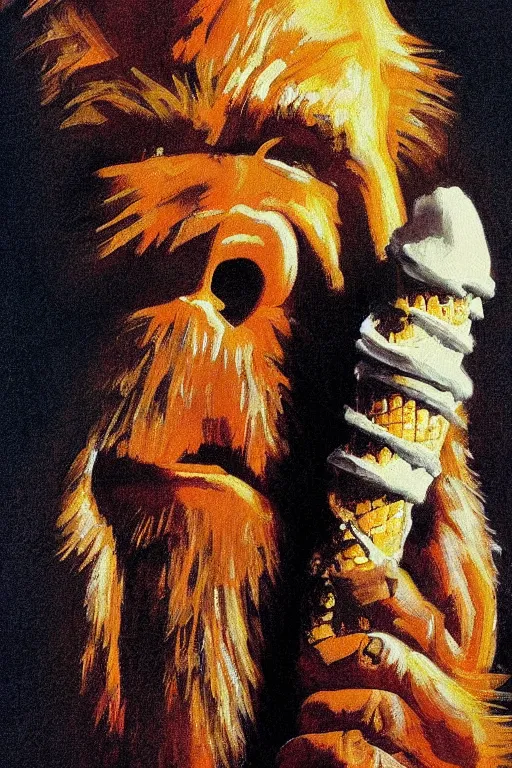 Prompt: bigfoot eating an ice cream cone, masterpiece, dramatic light and shadow, saturated colors, ciaroscuro. painted by norman rockwell