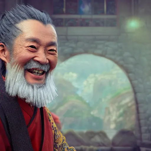 Image similar to portrait painting of a 6 0 year old smile handsome taoist priest, silver ponytail hair, amiable by yangjun chen, huang guangjian, fenghua zhong, wenjun lin, nadar, bright colors, octopath traveler, unreal engine 5 highly rendered, global illumination, radiant light, detailed and intricate environment