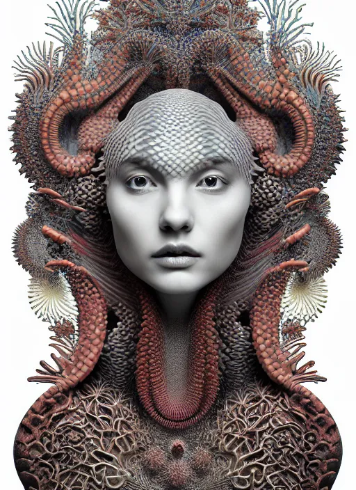 Image similar to ridiculously beautiful young womans face, radiating fractals of 3 d snake skin, blooming, portals into dimensions, coral, birds, symmetrical, in the style of ernst haeckel, effervescent, sacred geometry, surrealism, photo realistic, epic and cinematic, 3 d, clear, sharp,