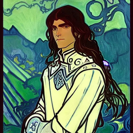 Image similar to painting of handsome beautiful paladin elf! man with long wavy dark hair in his 2 0 s named shadow taehyung at the blueberry party, wearing armor!, elegant, clear, painting, stylized, delicate, soft facial features, art, art by alphonse mucha, vincent van gogh, egon schiele,