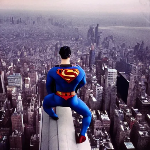 Image similar to superman from back sitting on chair standing on top of the empire state building strong stance photo by annie leibovitz