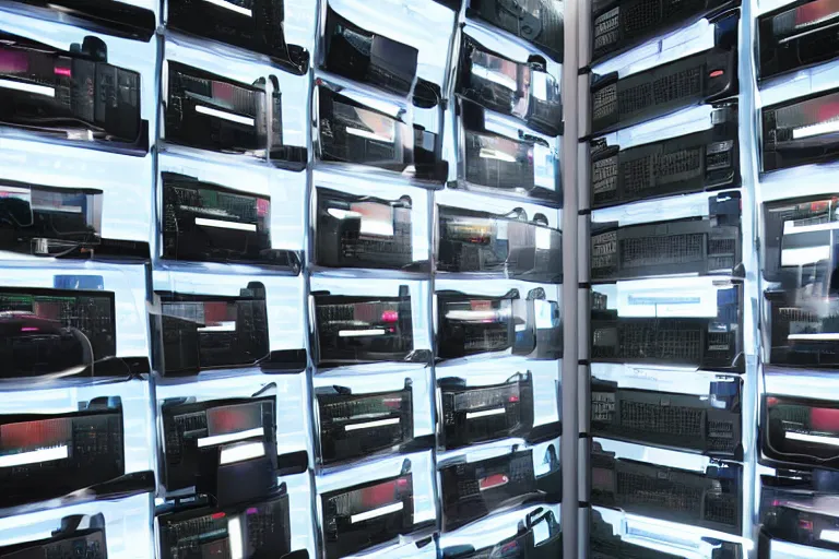 Image similar to wall of computers, futuristic