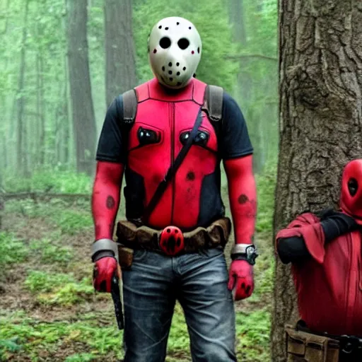 Prompt: jason voorhees with deadpool in the woods 4 k detailed super realistic