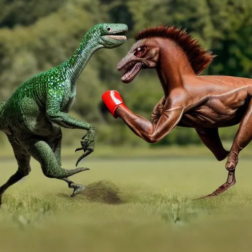 Image similar to a realistic photo of a green velociraptor boxing a brown horse