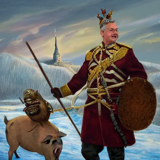 Image similar to an extremely realistic portrait depicting hungarian king viktor orban dressed in royal national costume, riding a pig on the frozen danube, detailed, intricate, elegant, highly detailed, digital painting, artstation, concept art, smooth, sharp focus, illustration,