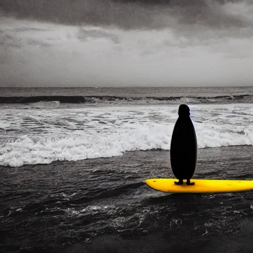 Prompt: a brown dog sitting on top of a yellow surfboard, a stock photo by khalil gibran, shutterstock, romanticism, ominous, inspirational, creepypasta