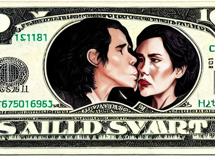 Image similar to reylo kiss dollar bill