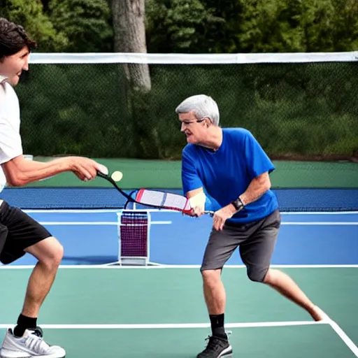 Prompt: justin trudeau facing off against stephen harper in a game of pickleball, photo, 8 k