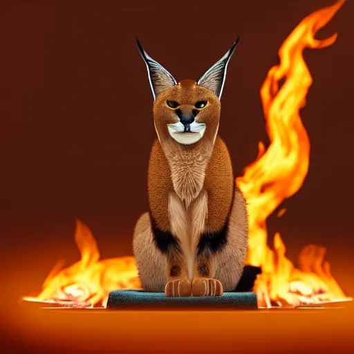 Prompt: wide-angle photo of cute caracal sitting on a wooden chair in a room, flames of fire at background, octane render, 3d, 8k , hd, studio light