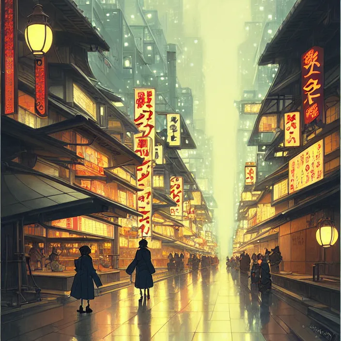 Image similar to empty tokyo at night, winter, in the style of studio ghibli, j. c. leyendecker, greg rutkowski, artem